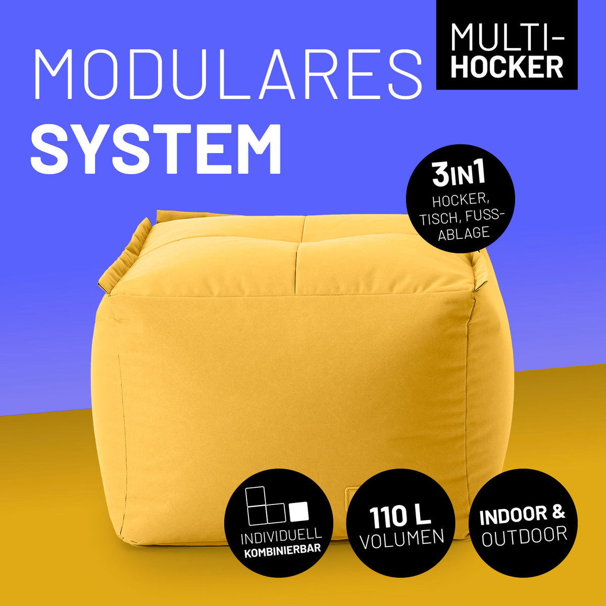 Sitzsack-Hocker (200 L) - Modulares System - indoor & outdoor - Senfgelb als vielseitiger 3-in-1 Hocker, Tisch und Fußablage.