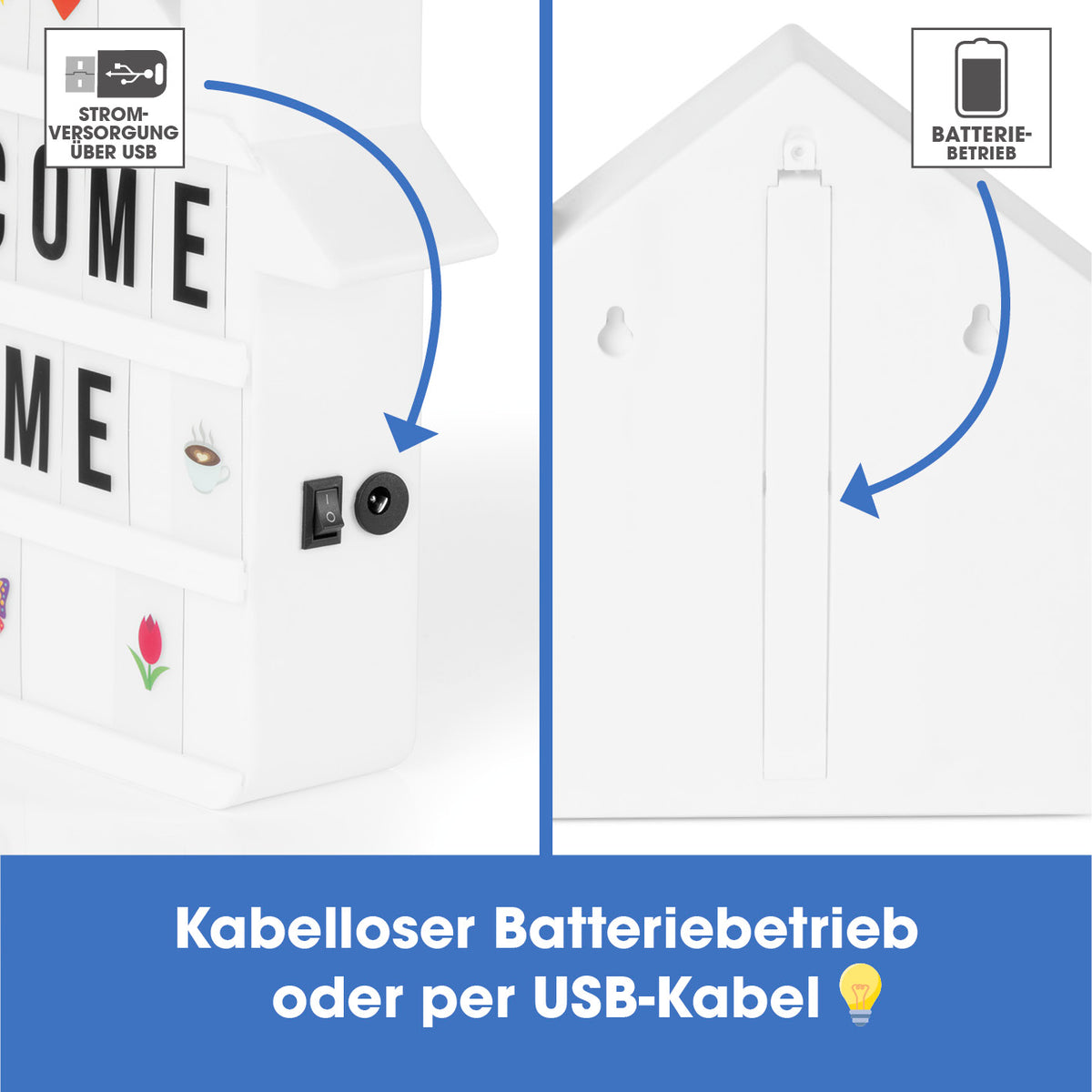 LED-Leuchtkasten Haus - 173 Buchstaben & 150 Moodjis mit kabellosem Batteriebetrieb oder USB-Kabel für individuelle Botschaften.