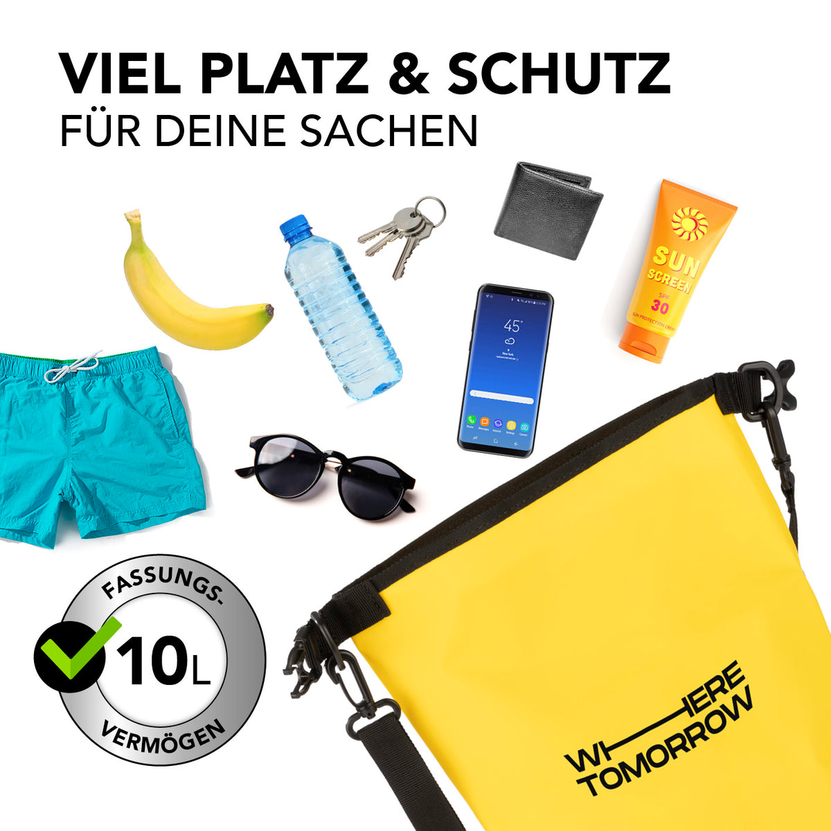 Dry Bag 10L - Style 01 - Gelb wasserdichter Outdoor-Rucksack mit 10L Volumen für sicheren Schutz von Wertsachen beim Camping und Paddeln.