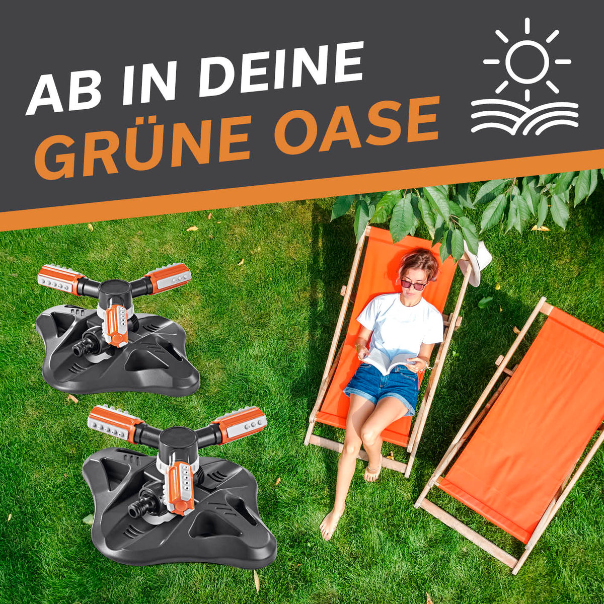 360°-Gartensprinkler - 2er-Set mit 3 rotierenden Armen und individuell einstellbarer Bewässerung für 75–150 m² Gartenfläche.