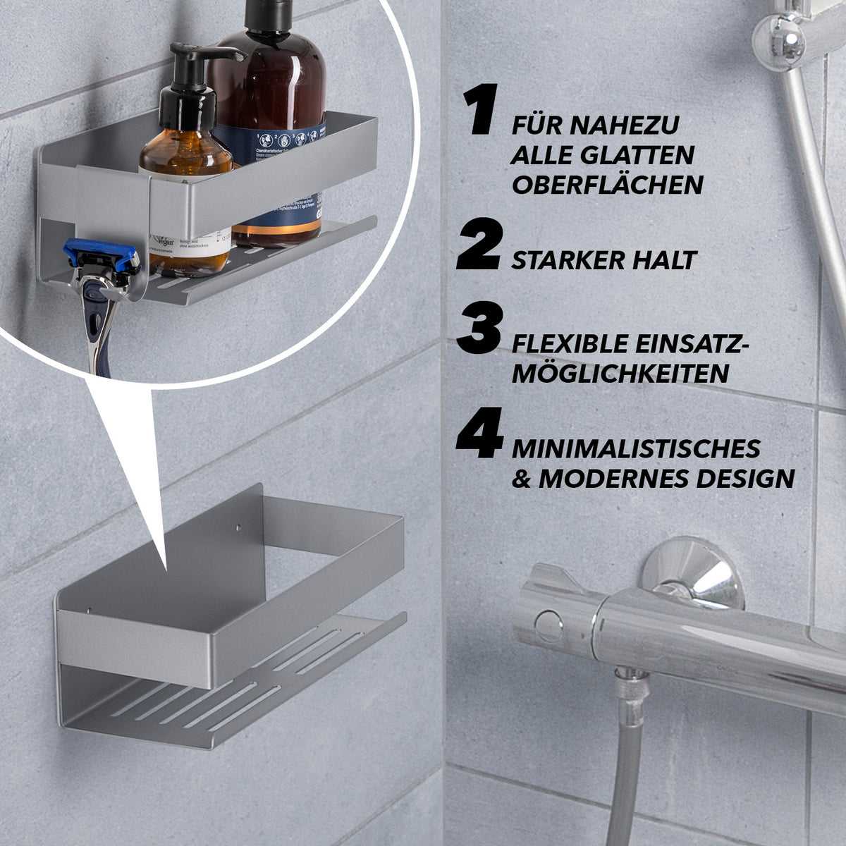 Dusch-Organizer zum Kleben oder Bohren - 2er-Set - Silber, Edelstahl, minimalistisch, starker Halt, flexibel für glatte Oberflächen.