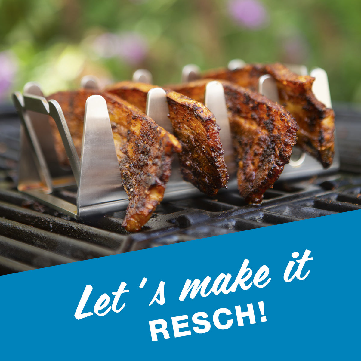Multi-Grillständer aus Edelstahl zum krossen Grillen mit Fettablauf, ideal für Rippchen, Bauchspeck und Chicken Drumsticks.