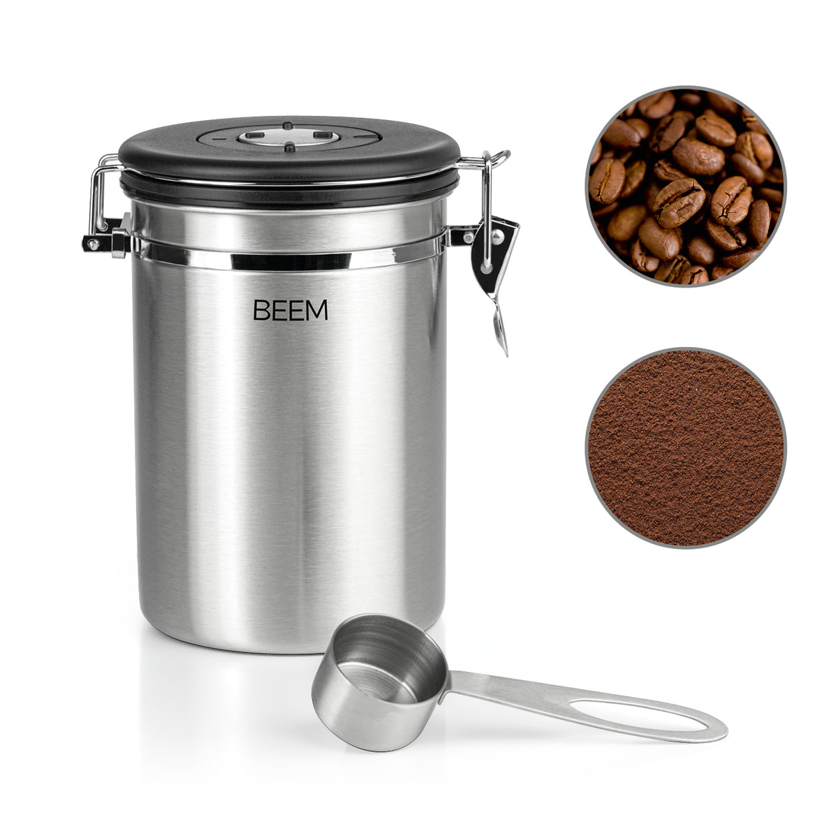 KAFFEEDOSE Vorratsdose mit Dosierlöffel - 1,9 l aus Edelstahl mit luftdichtem Bügelverschluss und Frischeschutzventil.