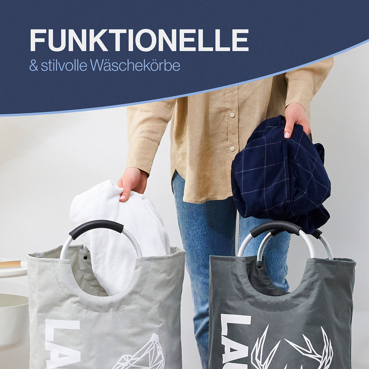 Faltbarer Wäschekorb - 2er-Set - Motiv Wolf & Hirsch, wasserabweisend, faltbar, 82 Liter Volumen, praktische Henkel, vielseitig einsetzbar.