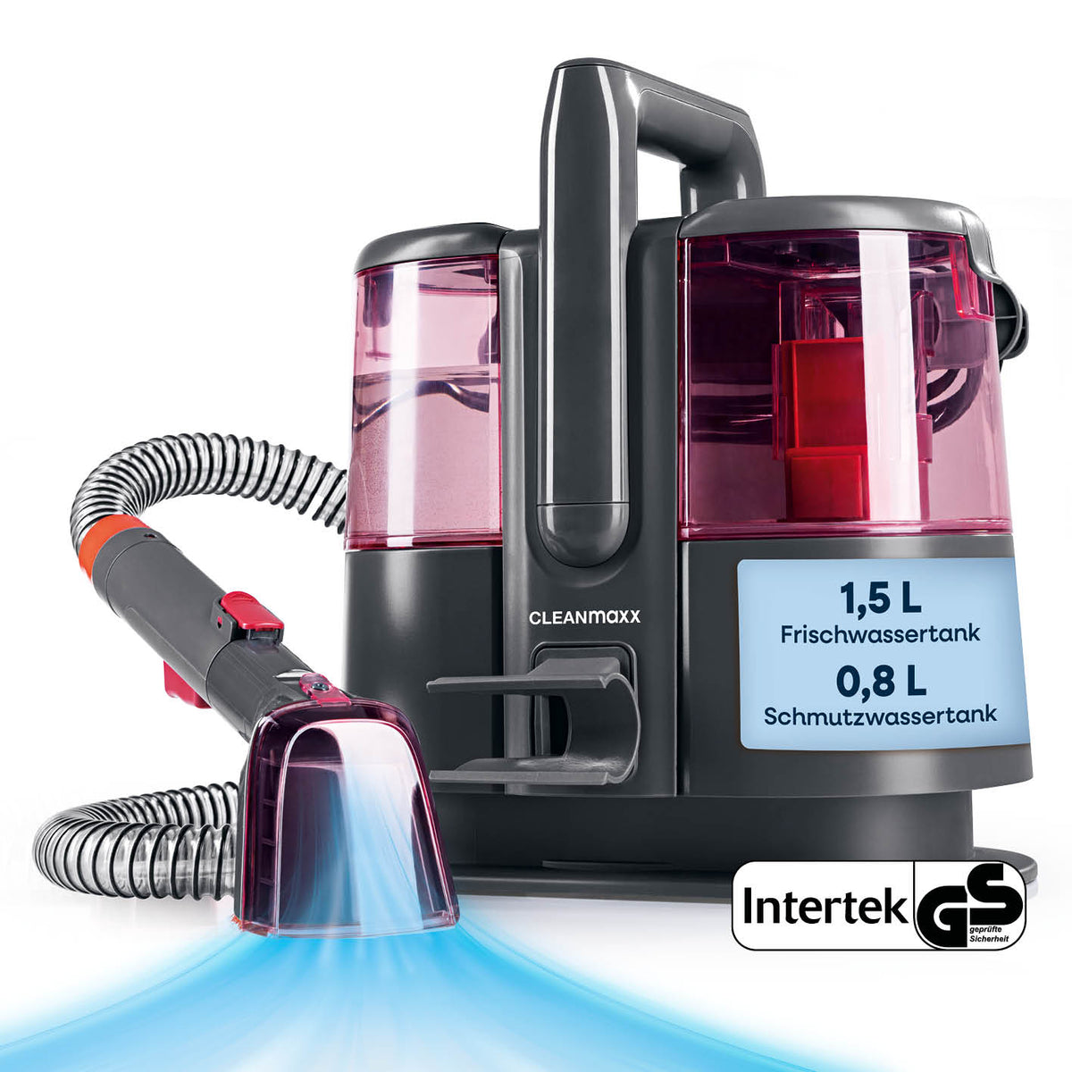 Polster- & Teppichreiniger Pro Power - Grau/Rot mit 1,5 l Frischwassertank und 0,8 l Schmutzwassertank für gründliche Reinigung.