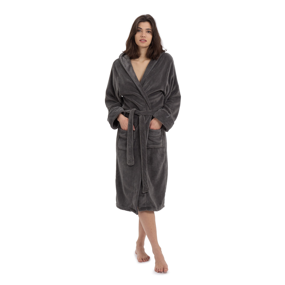 Luxury Mikrofaser Bademantel mit Kapuze für Damen und Herren in Grau, Größe XXL, wärmt, saugstark und schnelltrocknend.