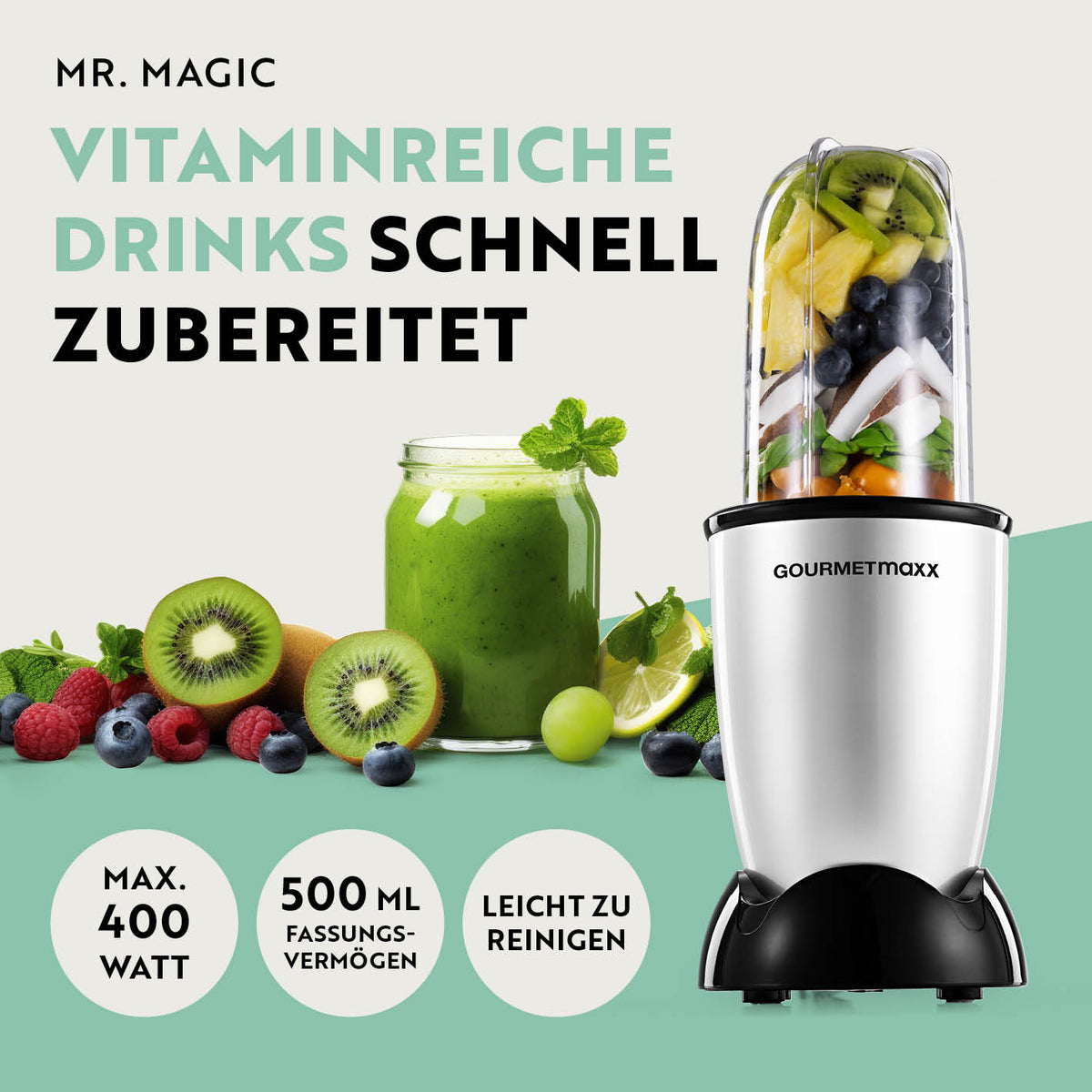 Mr. Magic Power 400 Pro Basis-Set M in Silber/Schwarz mit 400W Motor und 500ml Mixbecher für schnelle, vielseitige Smoothies und Shakes.