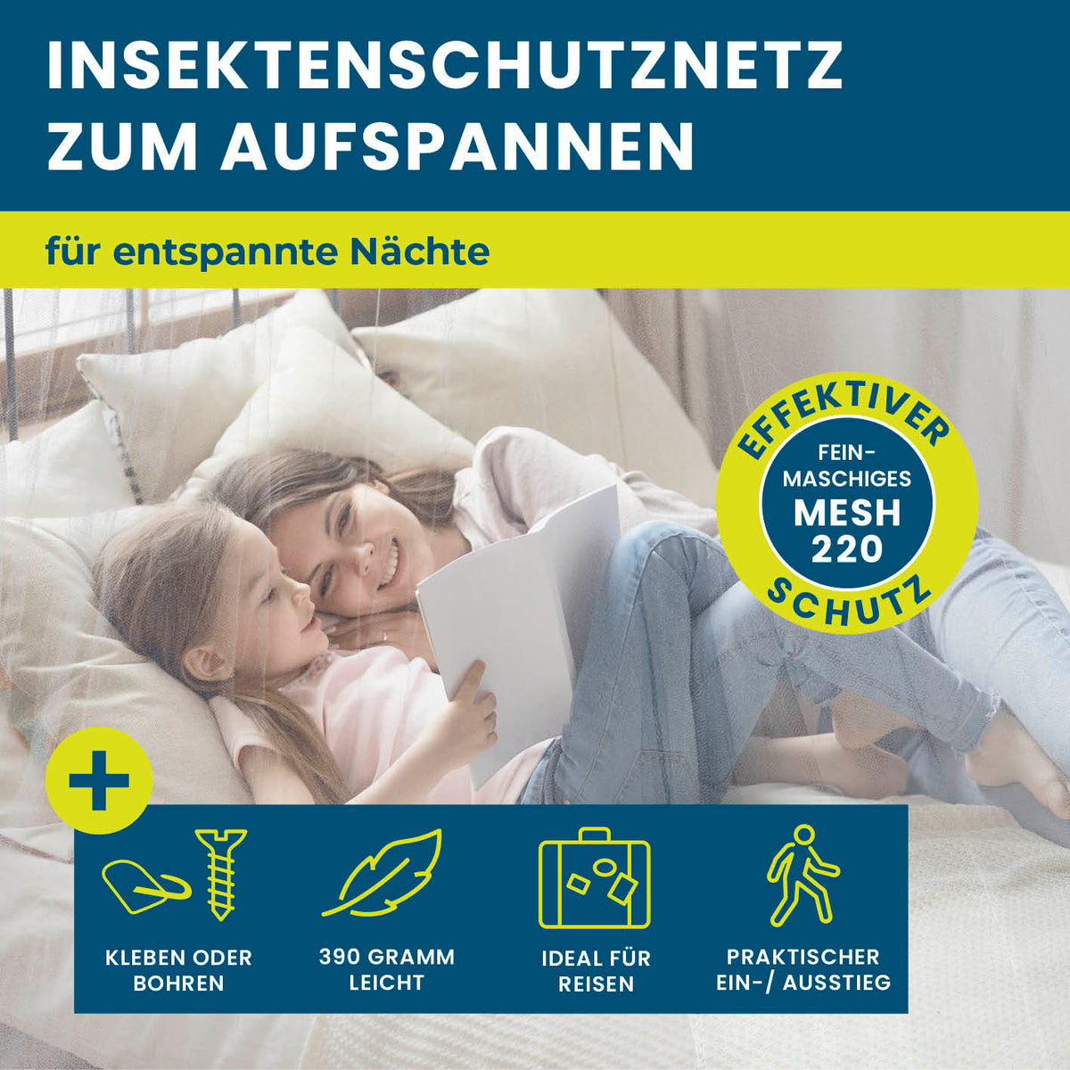 Insekten-Baldachin von HOBERG als großer, flexibler Insektenschutz fürs Bett mit bequemem Einstieg und ideal für Reisen.