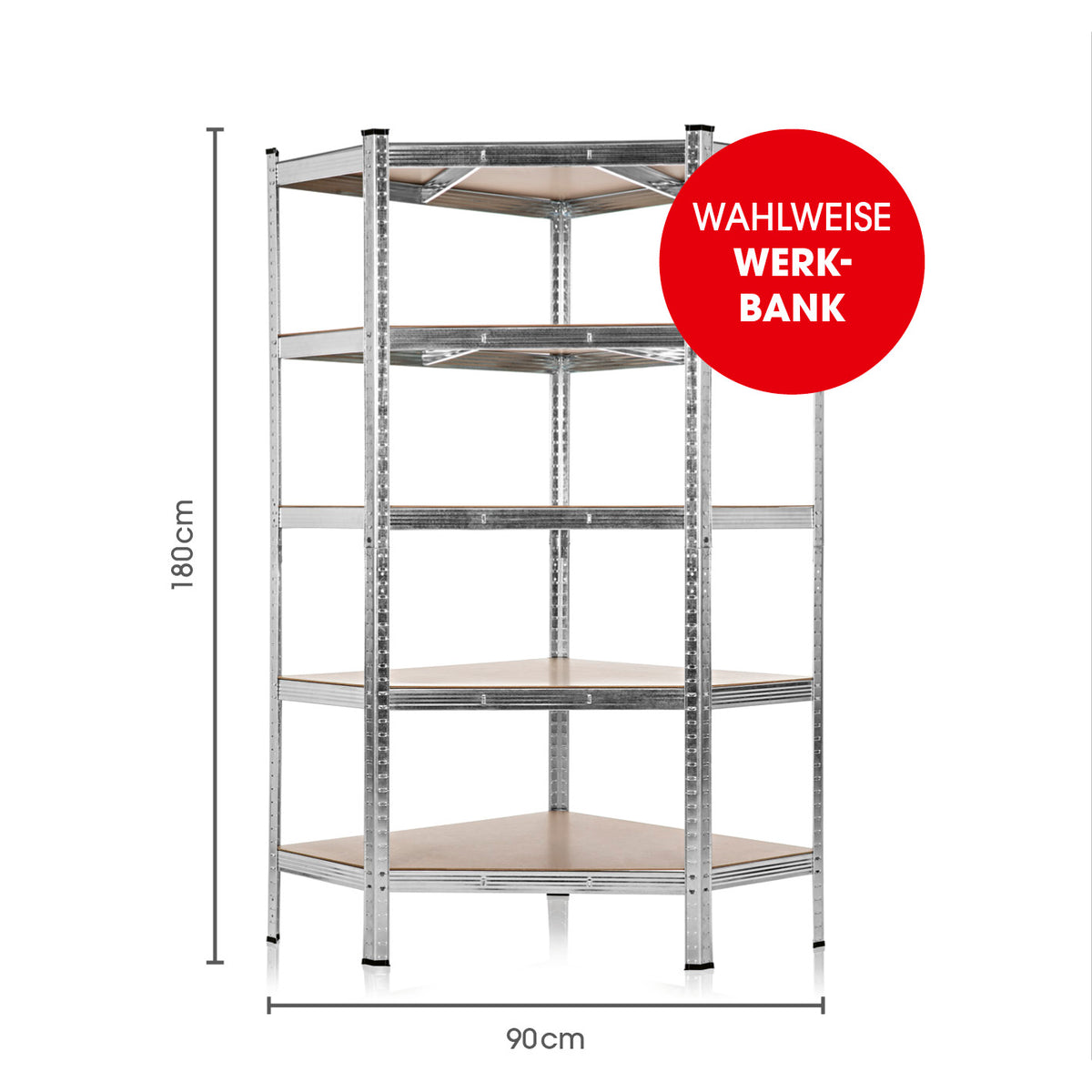Schwerlast-Eckregal & Werkbank - 180 x 90 x 40 cm - 875 kg Traglast, 175 kg pro Ebene, robustes Metallregal mit MDF-Platten in Ecke
