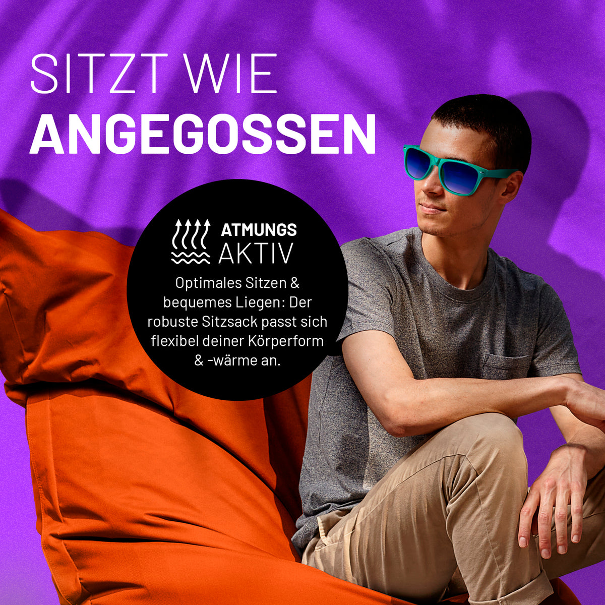 Sitzsack Classic XXL (380 L) in Orange, atmungsaktiv, flexibel anpassbar für drinnen und draußen, robust und bequem.