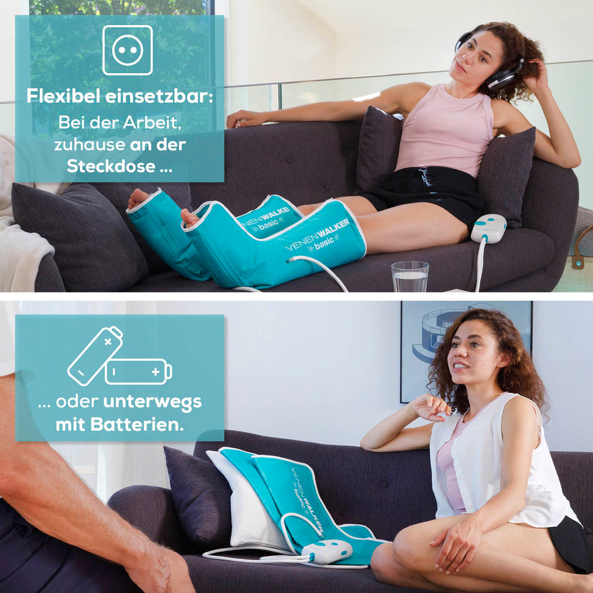 Therapiegerät VenenWalker Basic - Medizinprodukt zur venösen Kompression und Entstauung bei Beinbeschwerden flexibel zuhause oder unterwegs.