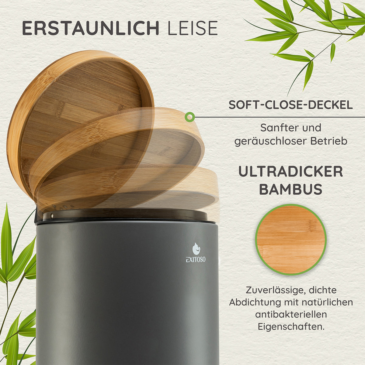 Tretmülleimer mit Softclose-Deckel - 5 l - Grau mit geräuschlosem Bambusdeckel und dichter, antibakterieller Abdichtung.