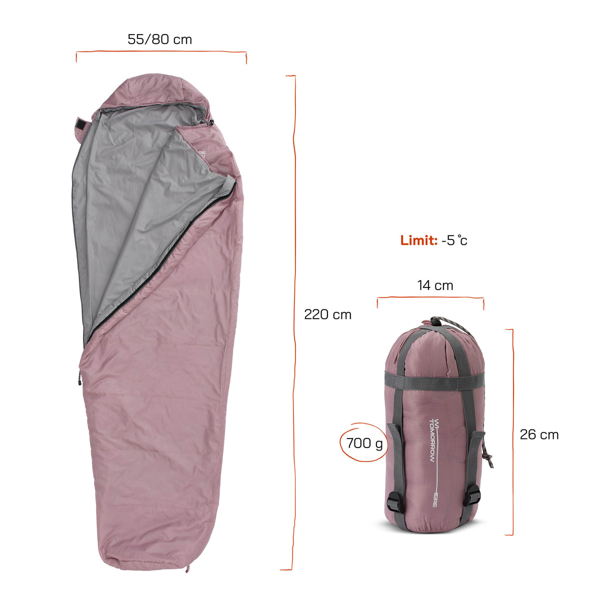 Camping Schlafsack Small & Light - Mumienschlafsack in Rose, wasserabweisend, 220x80x50 cm, mit Packsack und Kissenfach, bis -5 °C geeignet.
