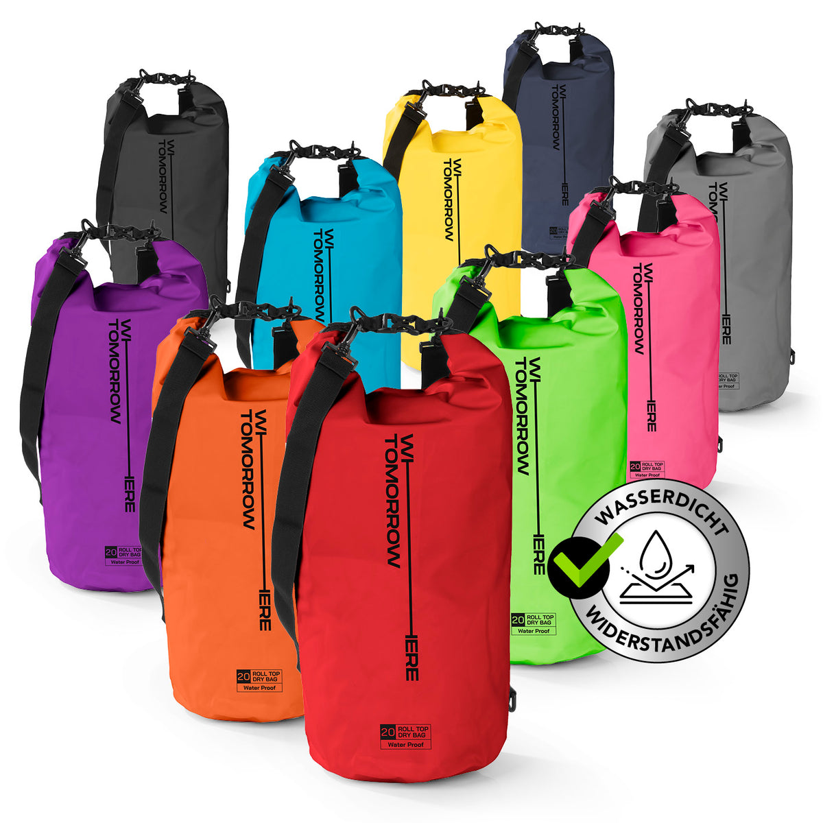 Dry Bag 20L - Style 02 - Rot wasserdichter, robuster Outdoor-Rucksack mit Rolltop-Verschluss und verstellbarem Schultergurt von WASSERDICHT & ROBUST.