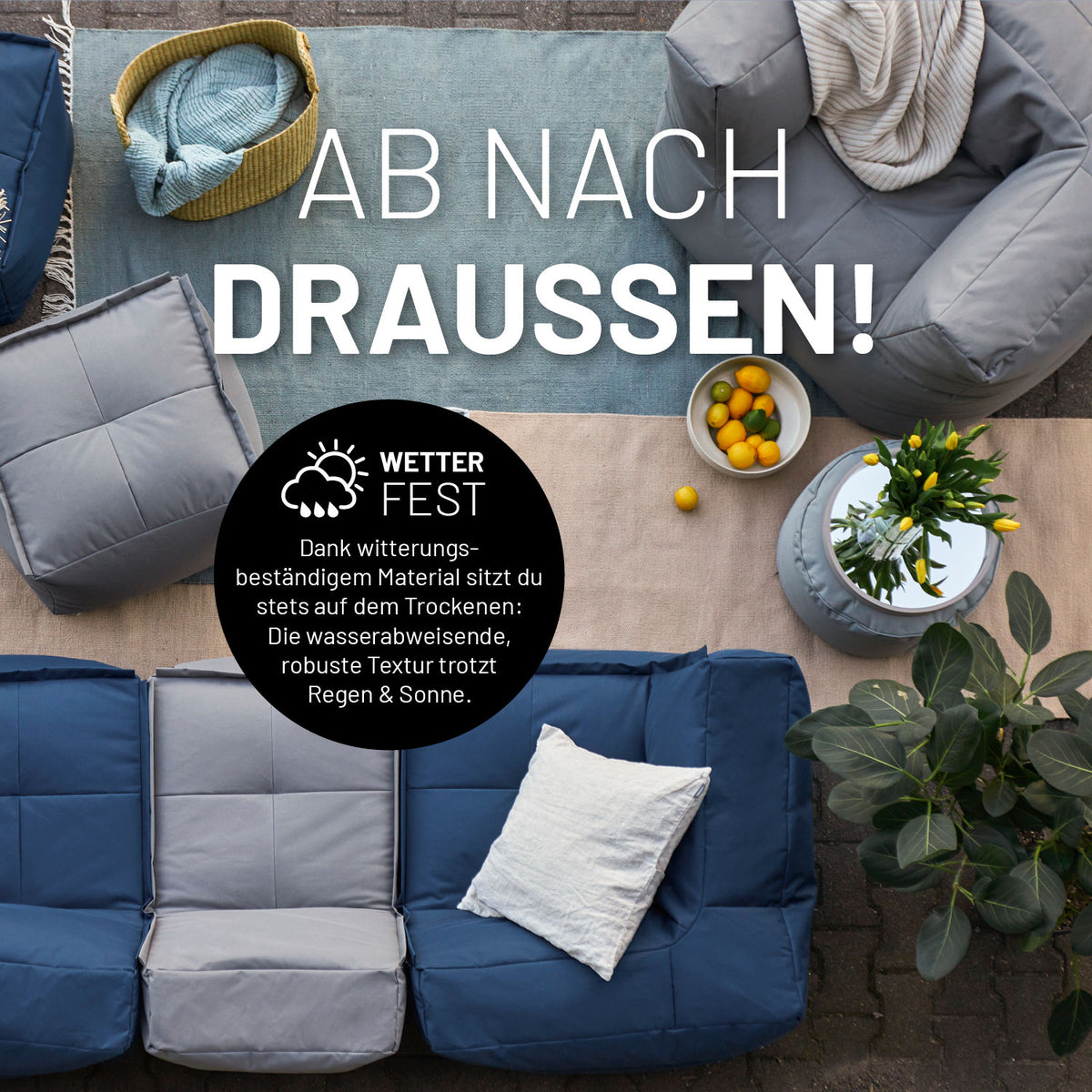 Sitzsack-Sofa Mittelstück (200 L) graues, wetterfestes, modulare System für Indoor & Outdoor mit pflegeleichtem, abwischbarem Bezug.