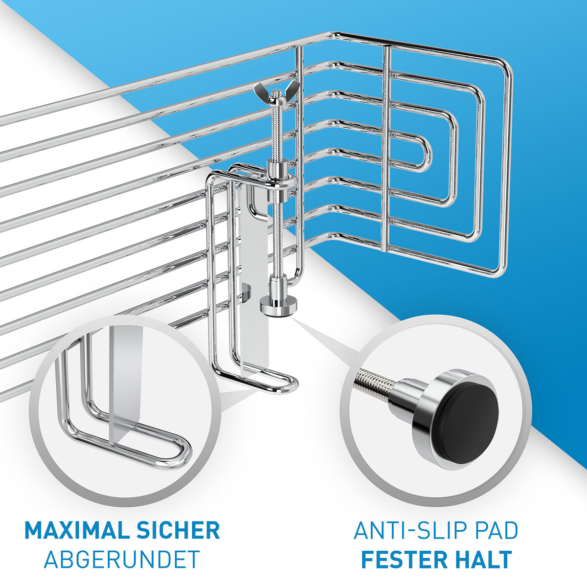 Herdschutzgitter Happy Kid mit abgerundeten Kanten und Antirutsch-Pads für sicheren Halt an Arbeitsplatten von 2–4 cm Dicke.