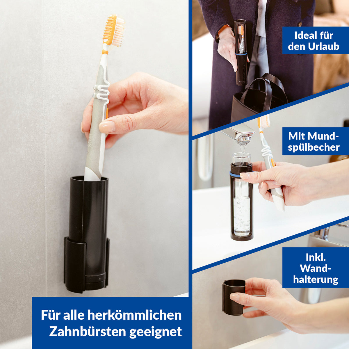 Zahnbürstenbox - schwarz & weiß - 2er-Set als Reiseetui, Zahnbürstenhalter und Mundspülbecher mit Wandhalterung und Schutzfunktion.
