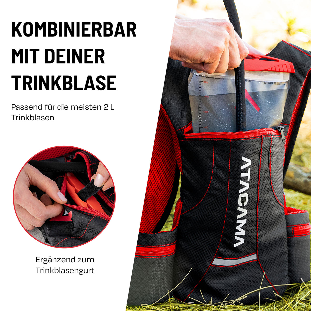 Trinkrucksack für 2 L Trinkblase - Rot mit Fach für 2-Liter-Trinkblasen, wasserfest und leicht für Outdoor-Sportarten.