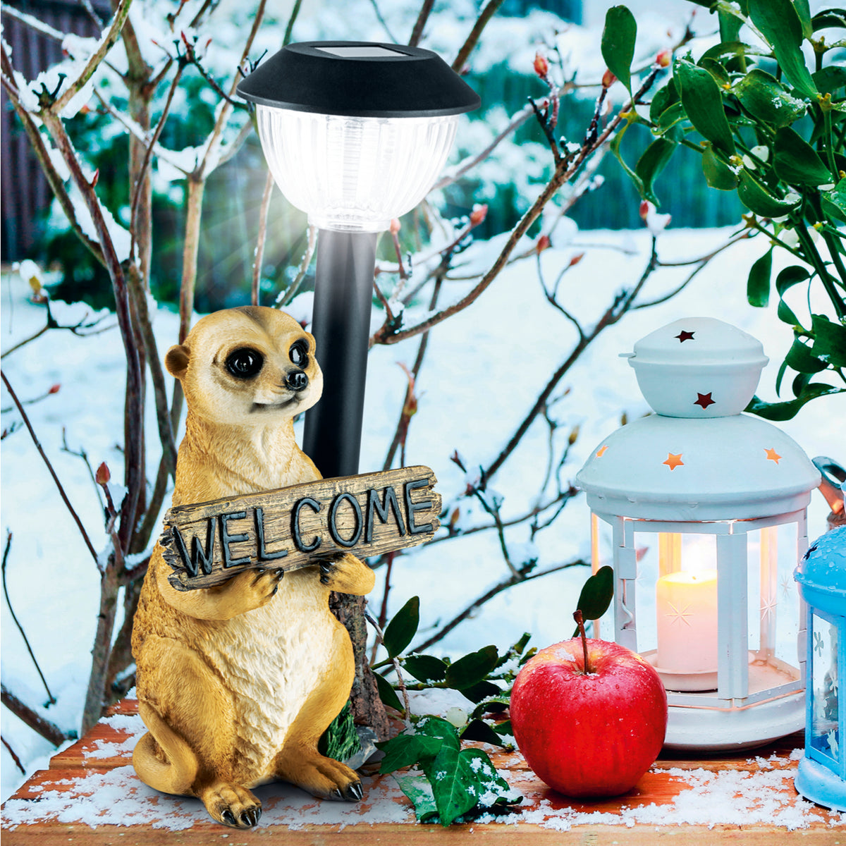 Solarleuchte Erdmännchen mit Laterne/Schild, dekorative Solarleuchte mit LED-Licht, Willkommensschild und Dämmerungssensor im Garten.