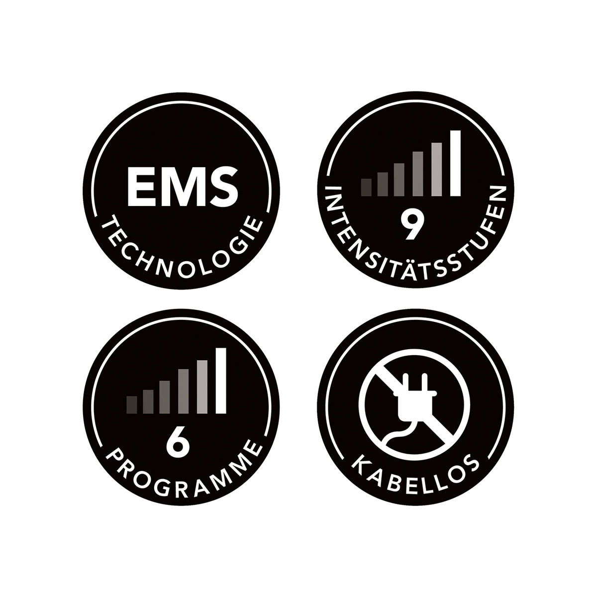 Bauchmuskelgürtel EMS - 6 Programmen - 9 Intensitätsstufen - unisize - schwarz mit kabelloser EMS-Technologie und 6 Programmen.