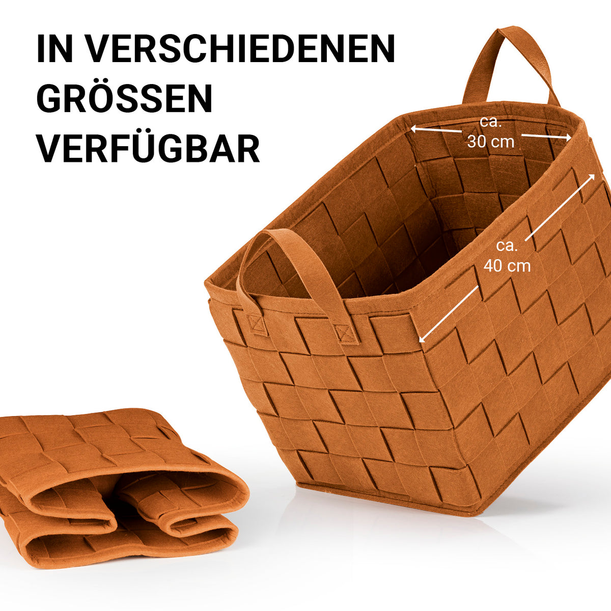 Filz-Aufbewahrungstasche L - 40 x 30 x 30 cm - Rost, faltbarer und strapazierfähiger Filzkorb mit zwei Tragegriffen im Scandi Style.