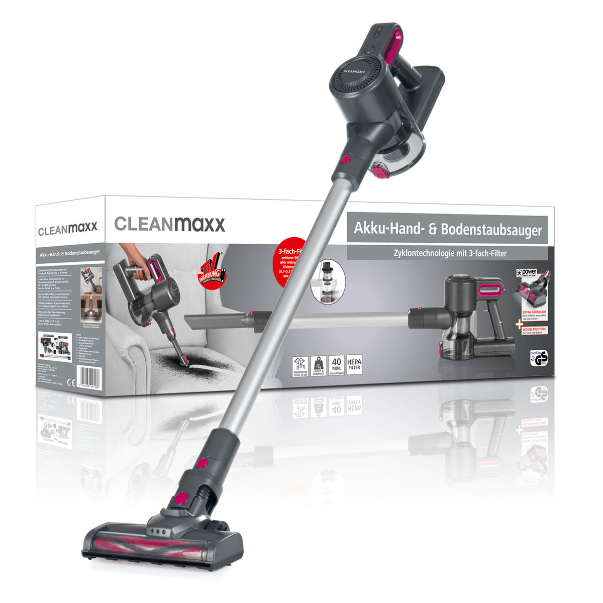 Akku-Zyklon-Staubsauger - anthrazit/pink mit 3-fach-Filter, starker Akku und Power Rotation Bodendüse, kabellos für bis zu 40 Min. Laufzeit.