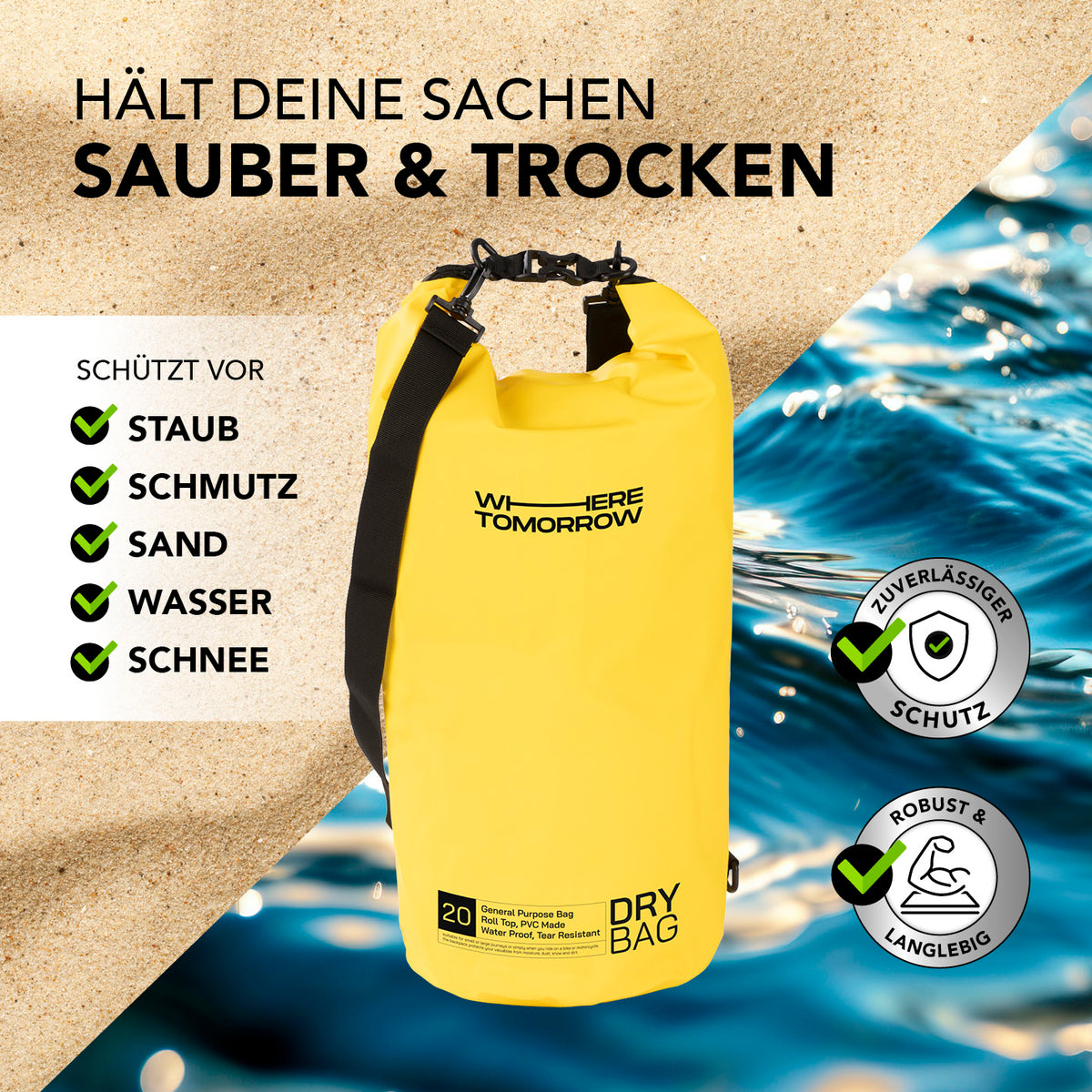 Dry Bag 20L - Style 01 - Gelb wasserdichter, robuster Outdoor-Rucksack mit Rolltop-Verschluss zum Schutz vor Staub, Schmutz, Sand, Wasser und Schnee.