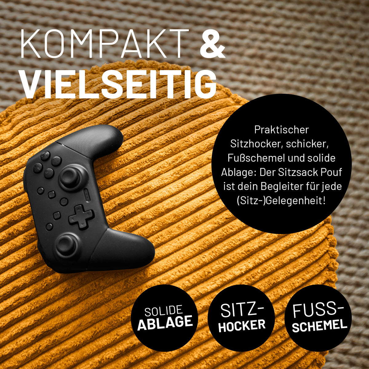 Sitzsack Pouf aus der Cord-Reihe - Senfgelb als praktischer Hocker, Schemel und Ablage mit stylischem Cord-Bezug.