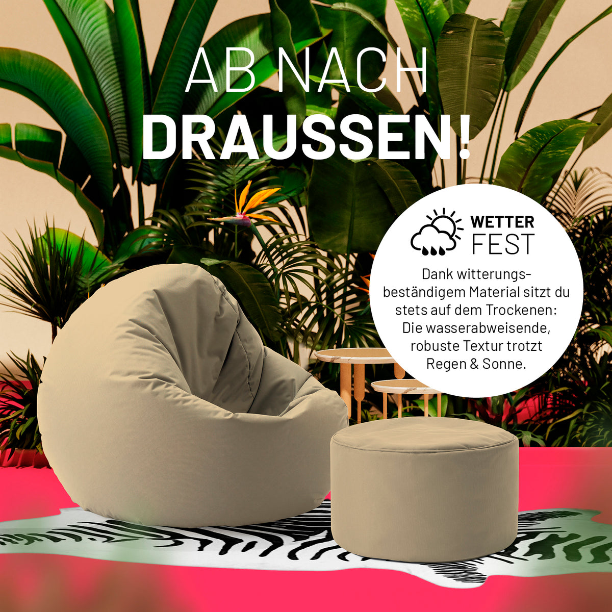 Sitzsack-Hocker/Pouf (50 L) beige, wetterfest, indoor & outdoor, leicht, robust, mit verdecktem Reißverschluss und 100 % made in Germany Füllung.