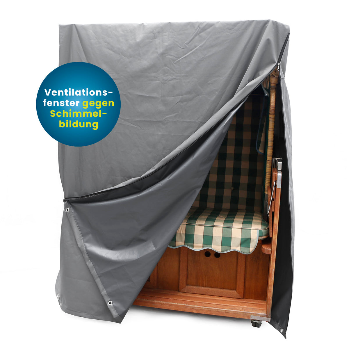 Strandkorb Schutzhülle L/XL - 140 x 100 x 165/140 cm grau, robust, wasserfest mit Ventilationsfenstern zum Schutz vor Schimmel.