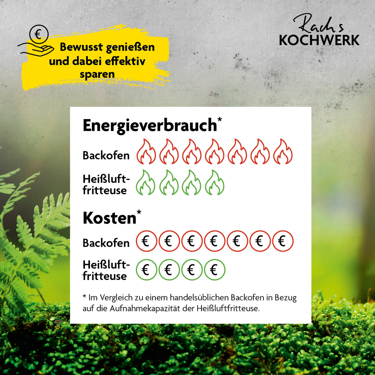 Heißluft-Fritteuse Vario-Doppelkammer 9l zeigt geringeren Energieverbrauch und niedrigere Kosten im Vergleich zum Backofen.