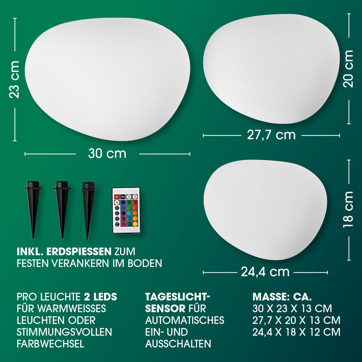 Solar-Leuchten Set Stein flach - 3er-Set mit 4 LEDs, Farbwechsel, Solarpanel, Fernbedienung und Erdspießen, wetterfest IP67.