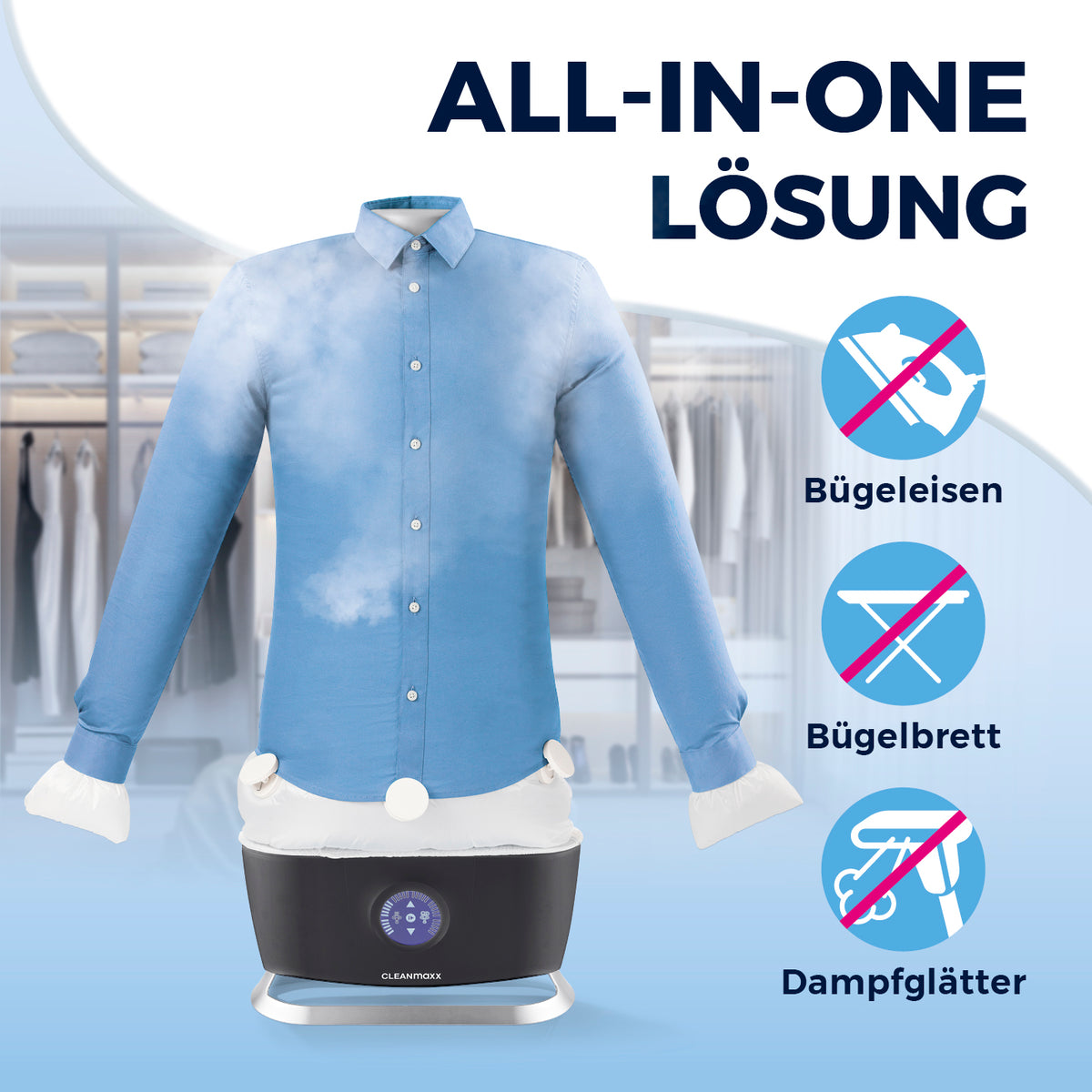 Hemdenbügler PRO STEAM - Schwarz glättet und trocknet Hemden automatisch ohne Bügeleisen, Bügelbrett oder Dampfglätter.