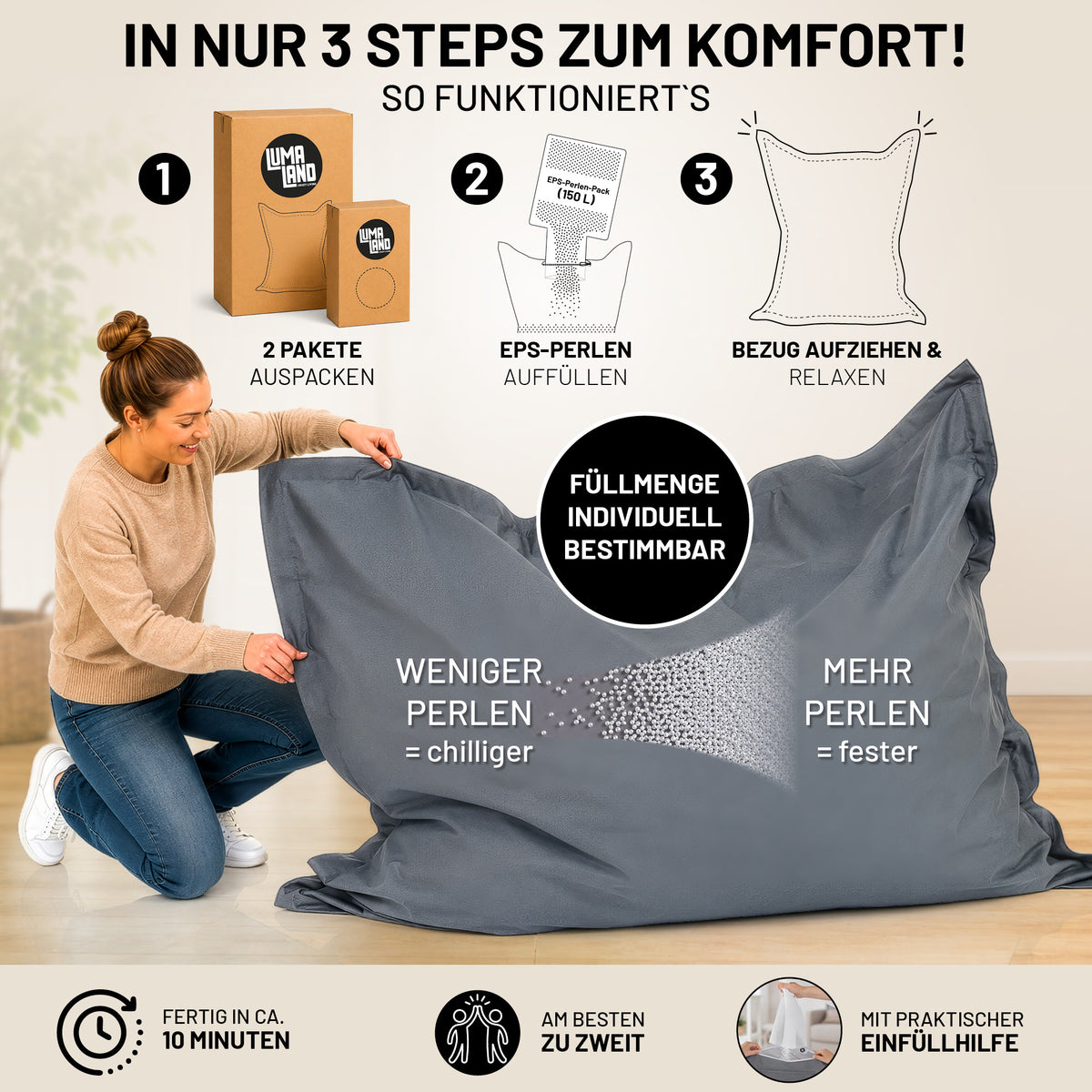 Sitzsack Classic XXL (380 L) - indoor & outdoor - Special Edition Galaxy Infografik zum Befüllen in 3 Schritten mit wählbarer Füllmenge