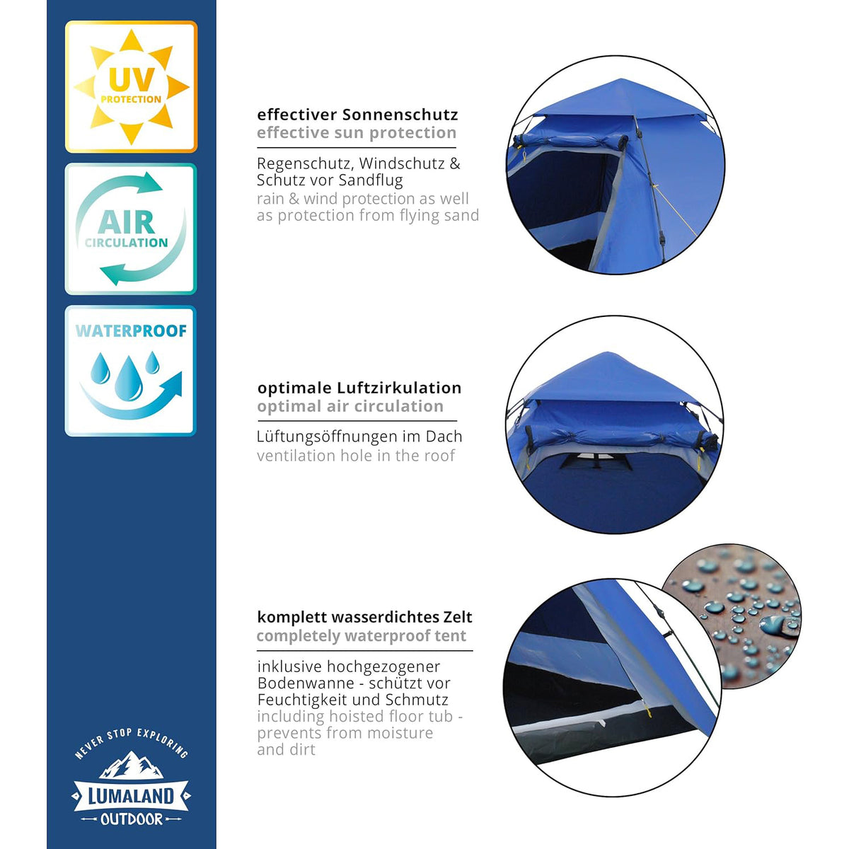 Pop Up Familienzelt Wurfzelt 3 Personen Zelt Blau mit Sonnenschutz, Luftzirkulation und komplett wasserdichtem Material von Lumaland Outdoor.
