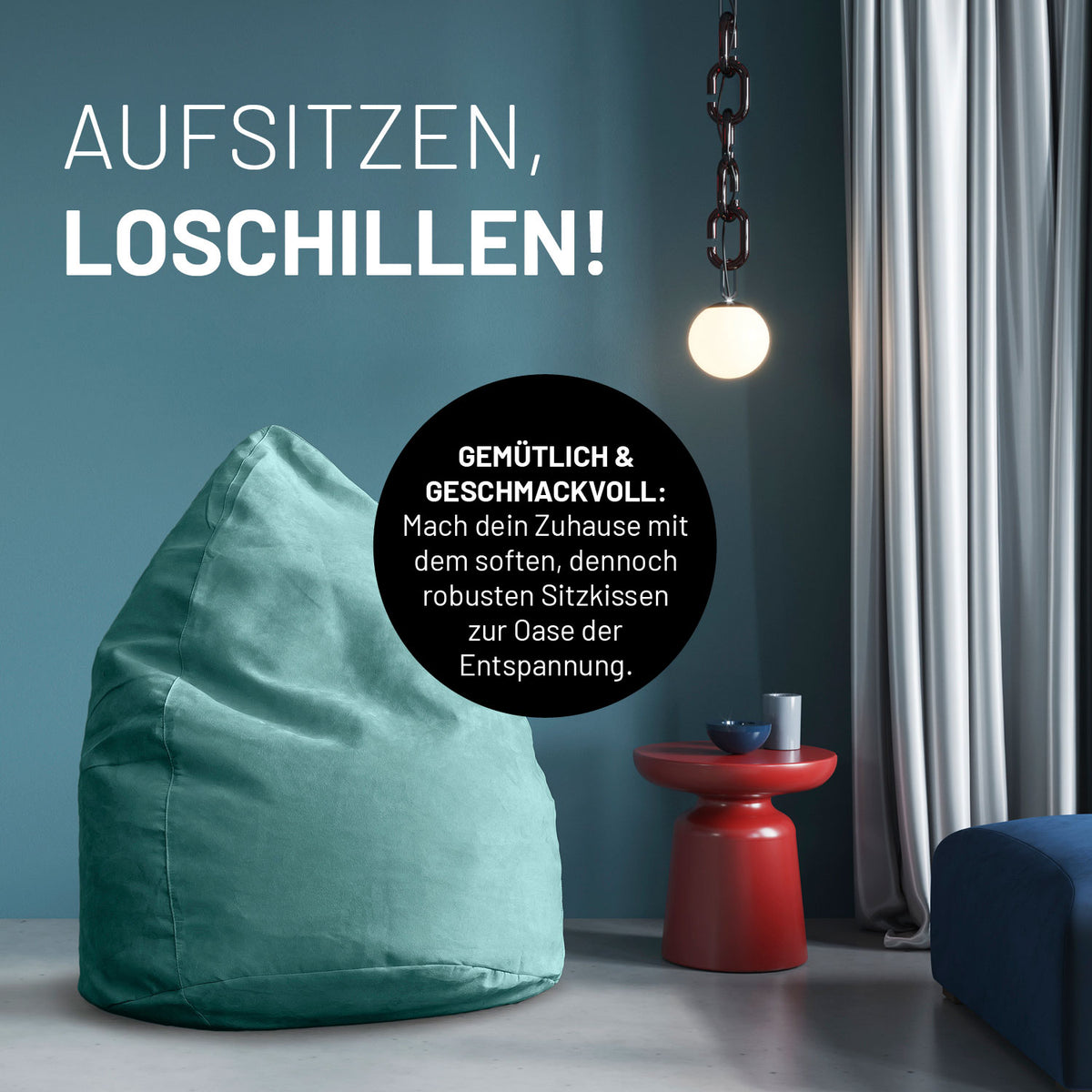 Luxury XL Sitzsack (120 L) - Türkis, stylischer, robuster Indoor-Sitzsack für Entspannung und modernes Wohnen.