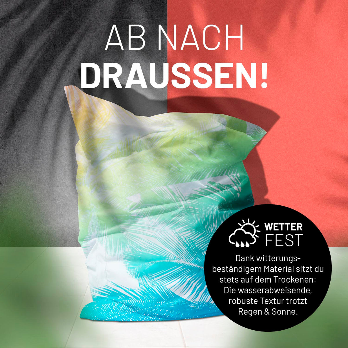 Sitzsack Classic XXL (380 L) - wetterfest, robust, tropisches Regenbogen-Design, für drinnen & draußen, pflegeleicht und langlebig.