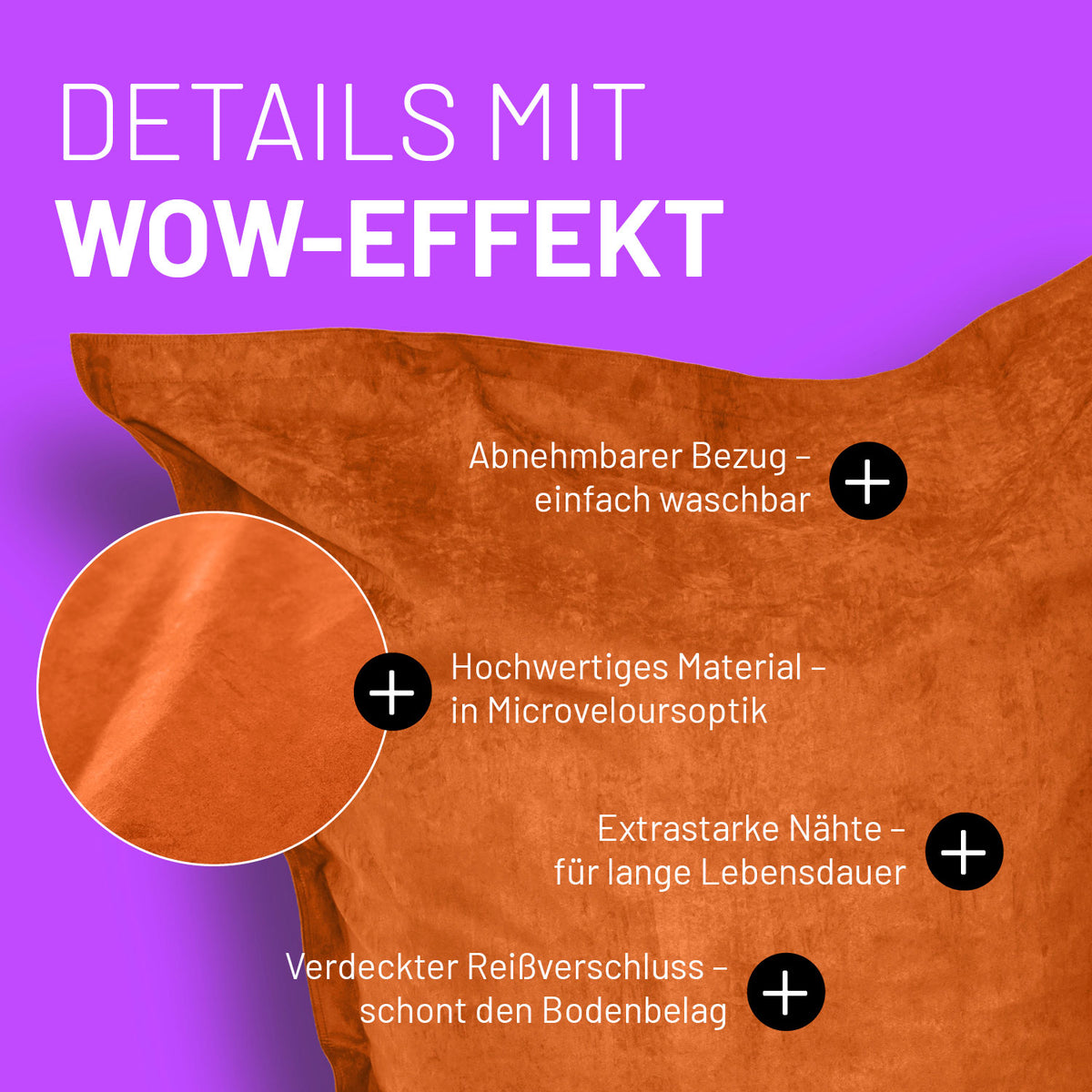 XXL Microvelours Sitzsack (380 L) in Orange mit abnehmbarem Bezug, Microveloursoptik und extrastarken Nähten für lange Lebensdauer.
