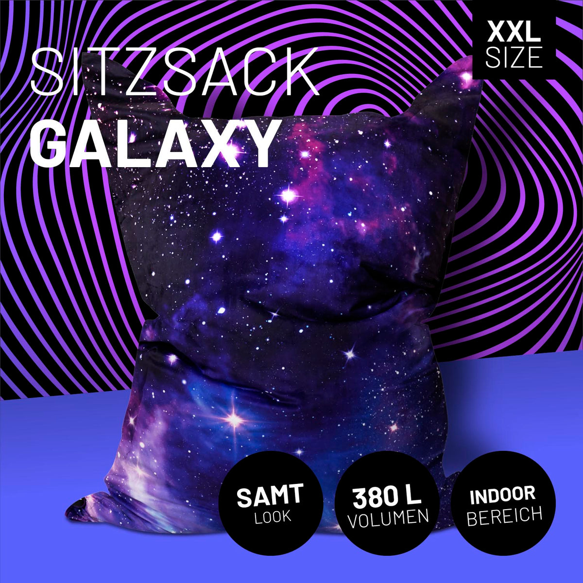 Sitzsack Classic XXL (380 L) mit Galaxy Design, indoor/outdoor, samtig, 380 L Volumen, robuste Nähte, pflegeleicht, verdeckter Reißverschluss.