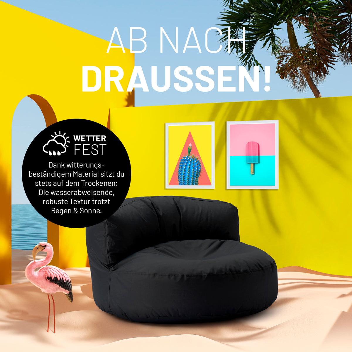 Sitzsack Lounge (320 L) Schwarz – wetterfest, leicht, mit robustem Material für stilvolles Chillen drinnen & draußen.