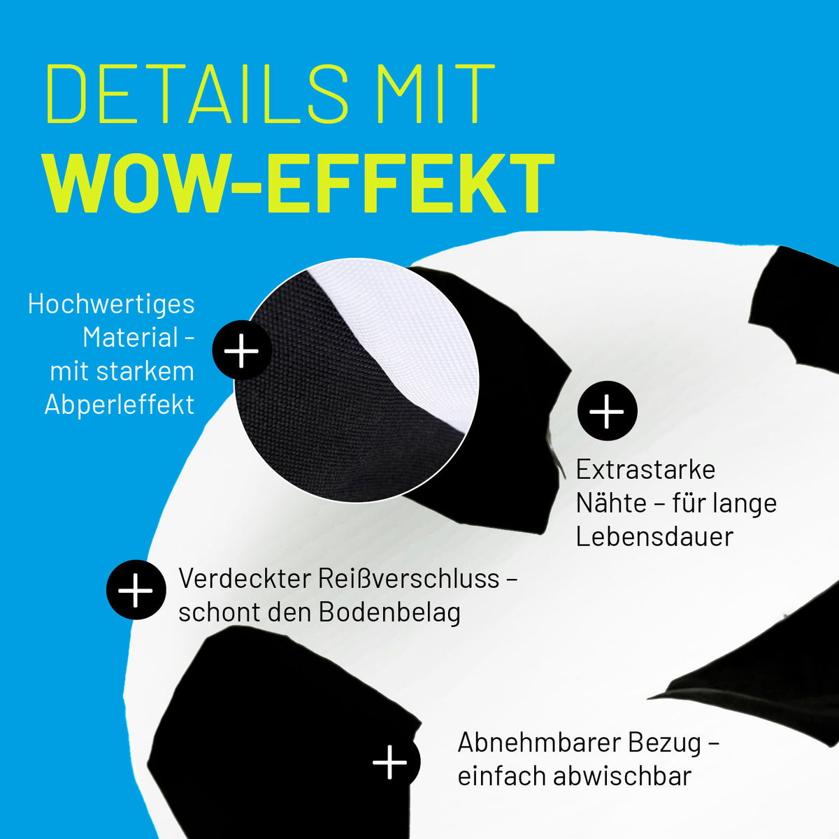 Luxury Fußball Sitzsack (300 L) mit hochwertigem, abwaschbarem Bezug, verstecktem Reißverschluss und extrastarken Nähten für indoor & outdoor.