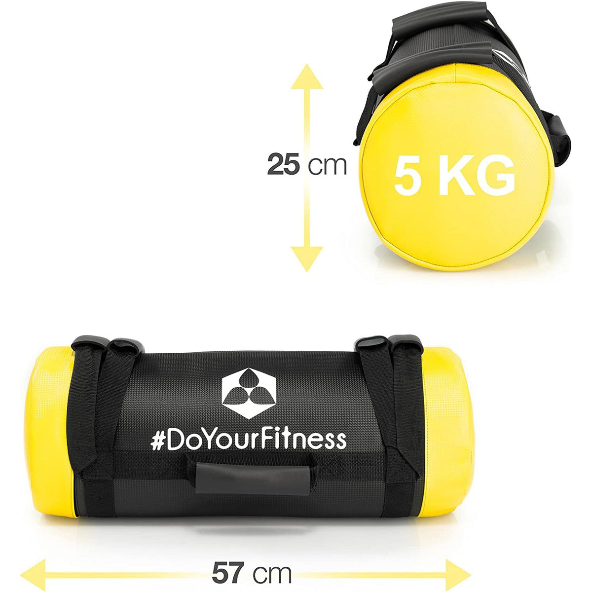 Corebag Sandsack Carolous - Fitness Power Bag 5kg, gelb-schwarz, 57x25 cm, robust, ideal für Functional Training und CrossFit.