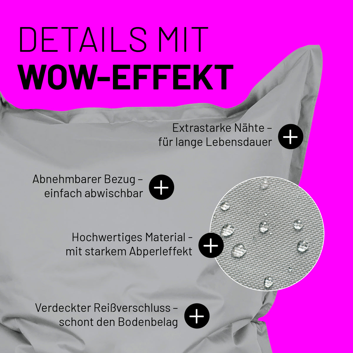 Sitzsack Classic XXL (380 L) in Silbergrau mit abnehmbarem Bezug, starkem Abperleffekt, extrastarken Nähten und verdecktem Reißverschluss.