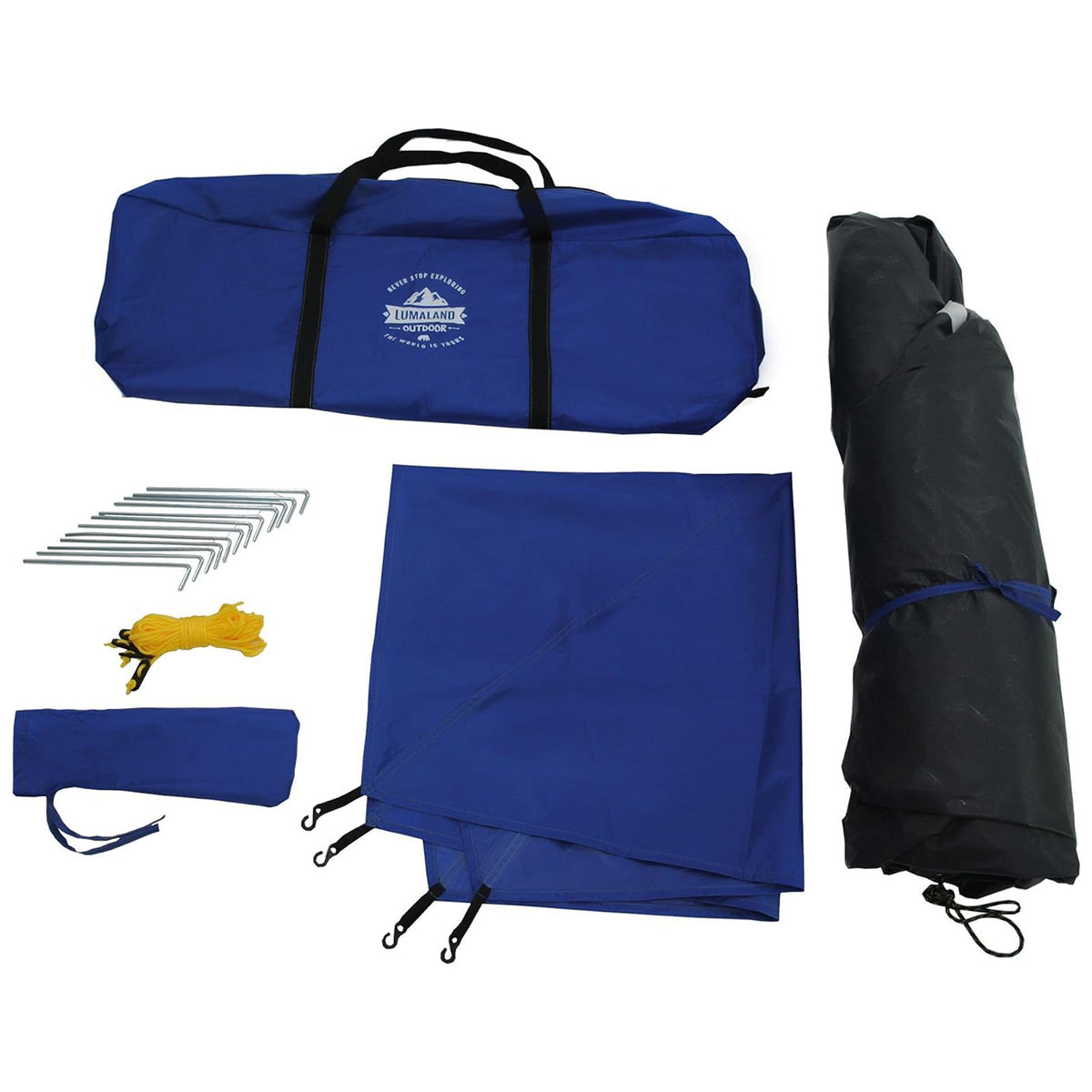 Pop Up Familienzelt Wurfzelt 3 Personen Zelt blau inklusive Tragetasche, Heringe, Abspannleine und Zeltplane für schnellen Campingaufbau.