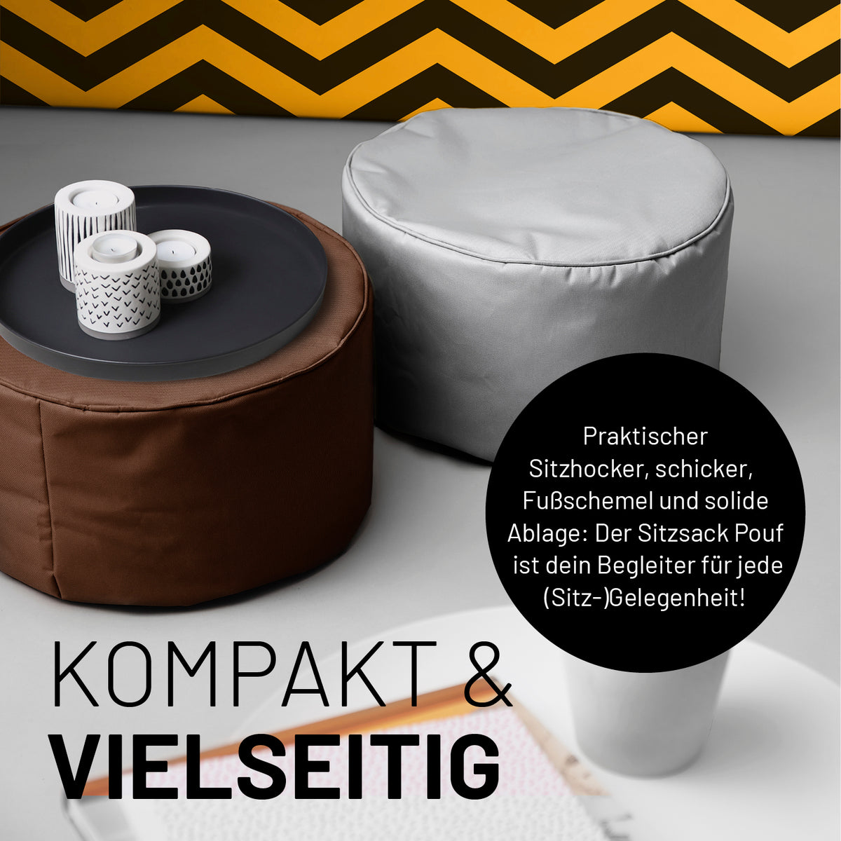 Sitzsack-Hocker/Pouf (50 L) Braun – moderner, multifunktionaler Sitzhocker für Indoor & Outdoor, pflegeleicht und langlebig.