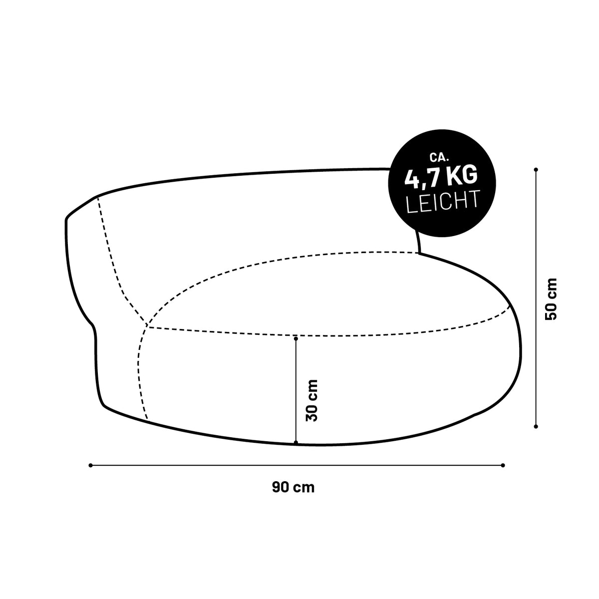 Sitzsack Lounge (320 L) grau, 90x50x30 cm, ca. 4,7 kg, leicht und langlebig, ideal für drinnen und draußen.