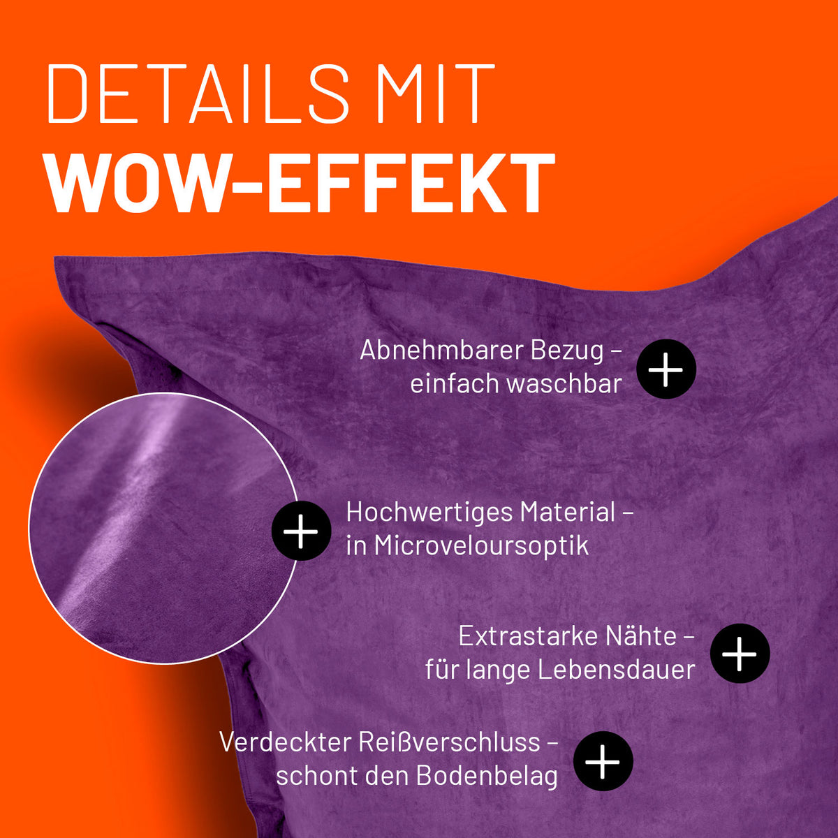 XXL Microvelours Sitzsack (380 L) in Lila mit abnehmbarem Bezug, Microveloursoptik und extra starken Nähten für langlebige Nutzung.