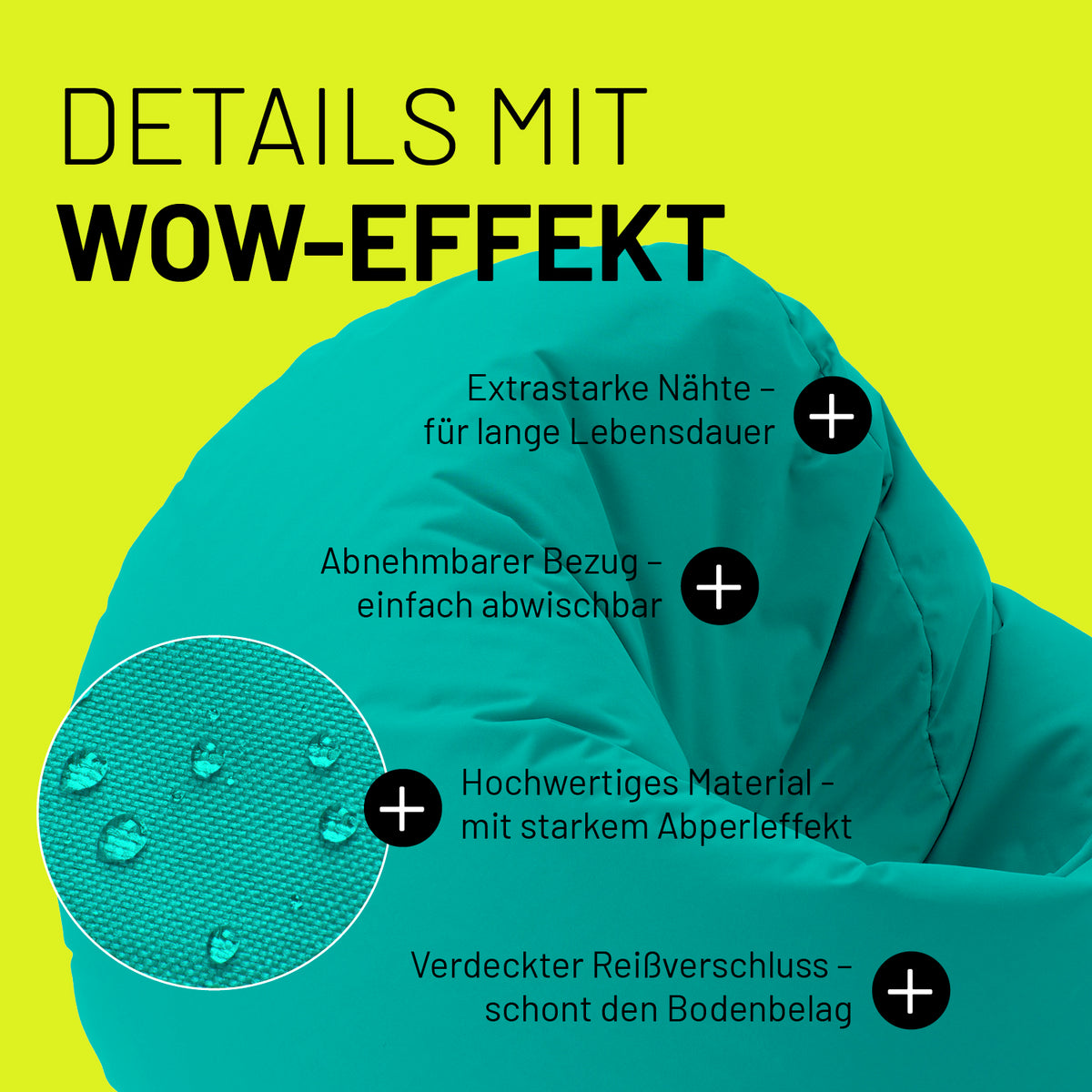 Sitzsack Drops (300 L) Türkis mit extrastarken Nähten, abnehmbarem Bezug, Abperleffekt und verdecktem Reißverschluss für drinnen & draußen.