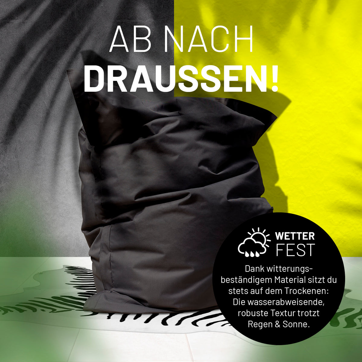 Sitzsack Classic XXL (380 L) Schwarz wetterfest, XXL-Volumen, wetterbeständiges Material, ideal für drinnen und draußen, pflegeleicht und robust.