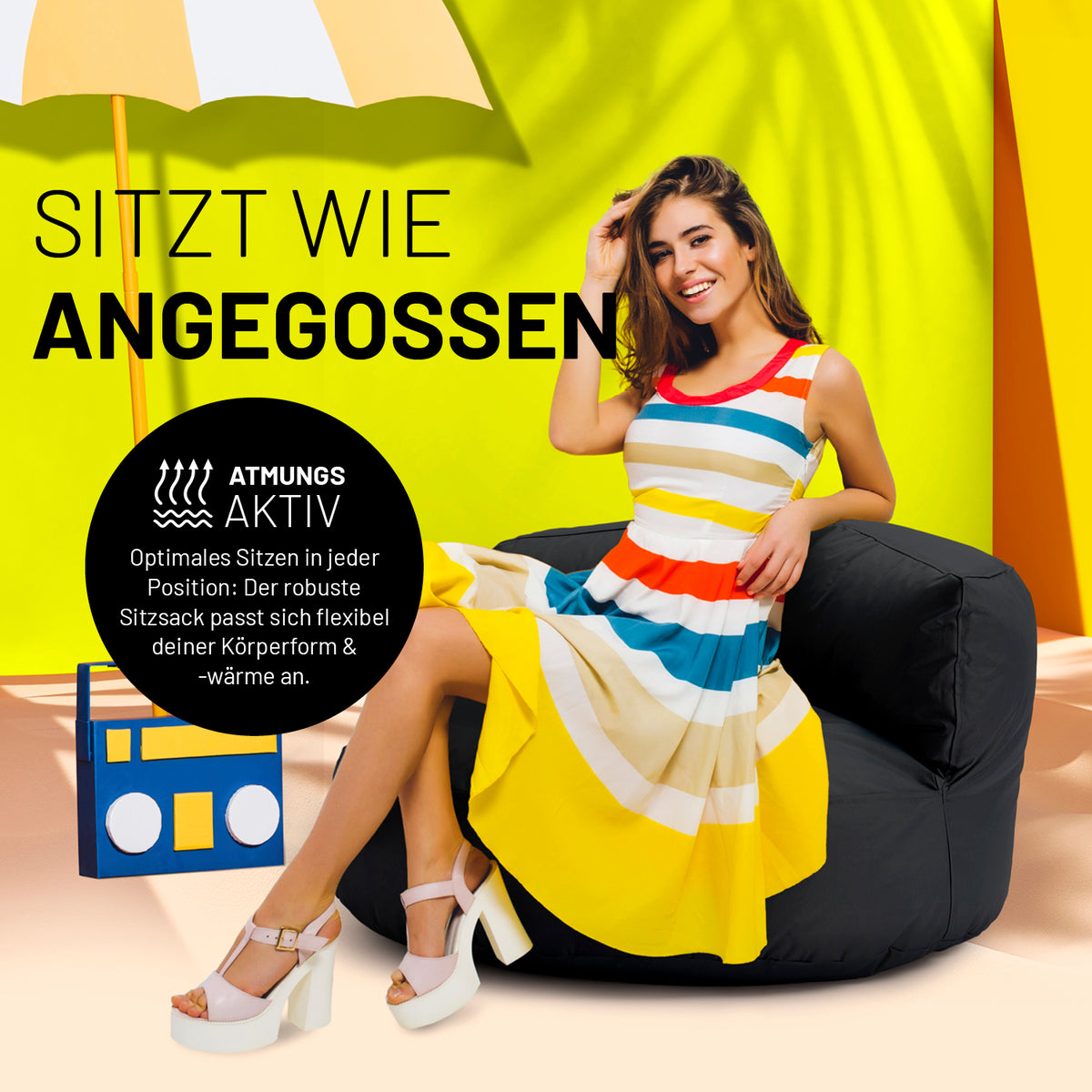 Sitzsack Lounge (320 L) - schwarz, atmungsaktiv und robust, passt sich flexibel Körperform und -wärme an für drinnen und draußen.
